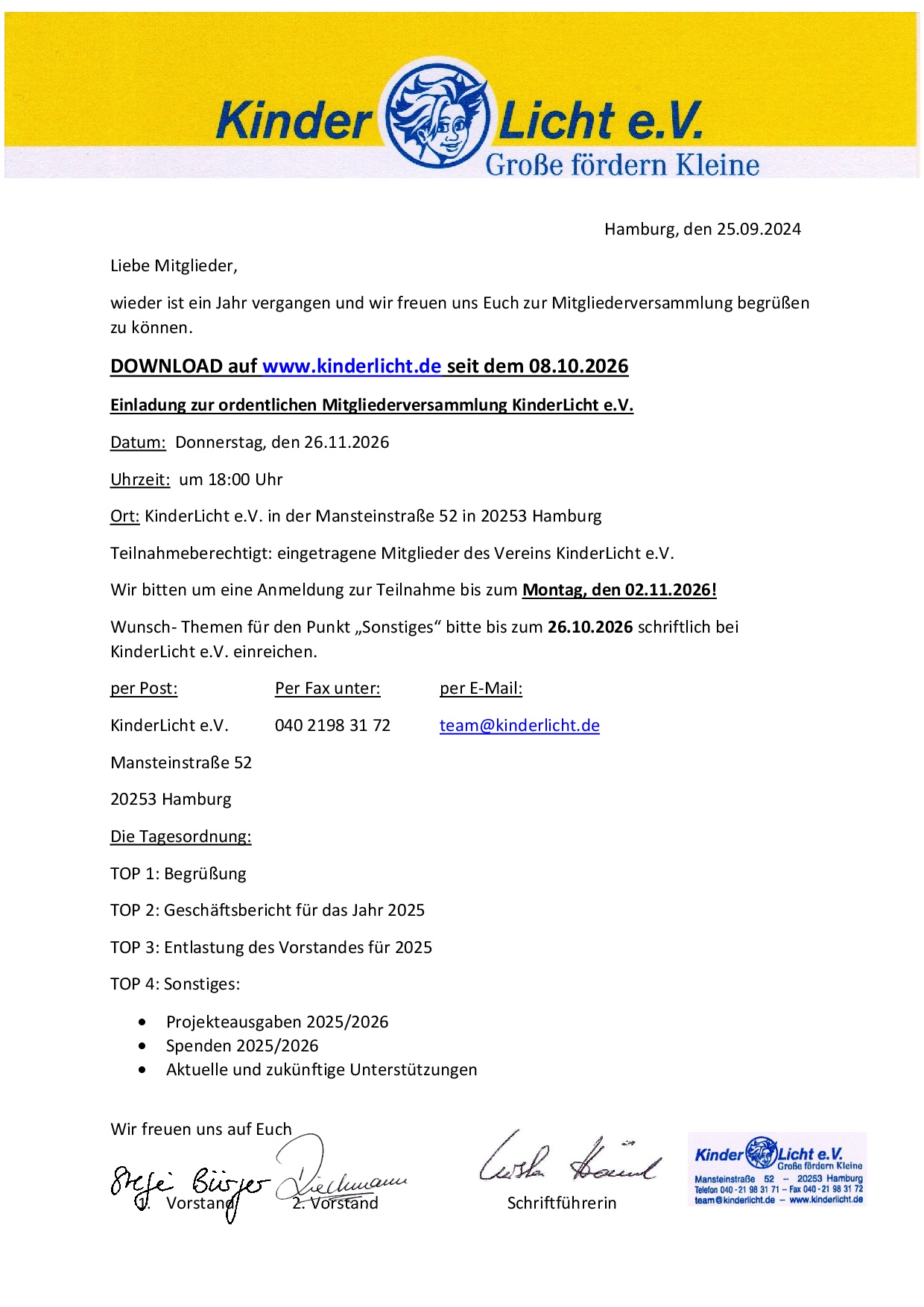 Einladung Mitgliederversammlung 26.11.2026