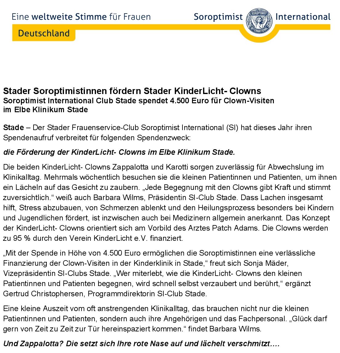 Spenden&uuml;bergabe Text Soroptimistinnen
